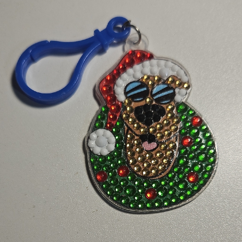 Festive Dog Keychain with Blue Clip Diamond Art Style